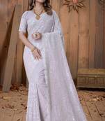 Lavender Sequin Embroidered Border Georgette Wedding Saree With Blouse Piece