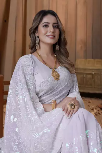 Lavender Sequin Embroidered Border Georgette Wedding Saree With Blouse Piece
