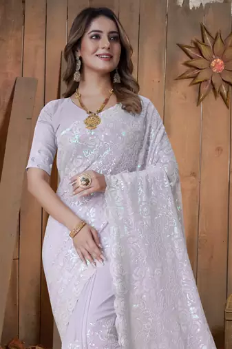 Lavender Sequin Embroidered Border Georgette Wedding Saree With Blouse Piece