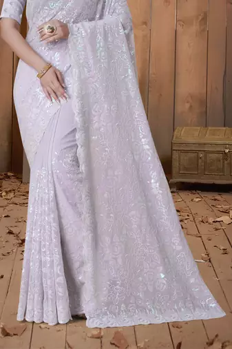 Lavender Sequin Embroidered Border Georgette Wedding Saree With Blouse Piece