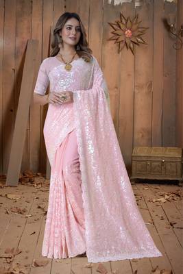 Pink Sequin Embroidered Border Georgette Wedding Saree With Blouse Piece 1