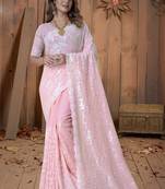 Pink Sequin Embroidered Border Georgette Wedding Saree With Blouse Piece