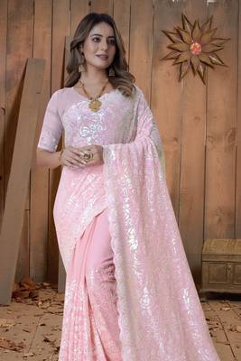 Pink Sequin Embroidered Border Georgette Wedding Saree With Blouse Piece 3