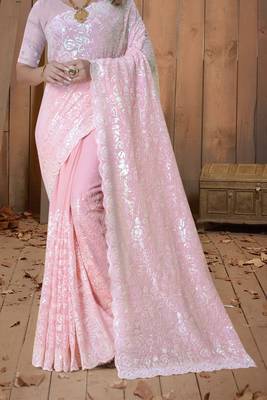 Pink Sequin Embroidered Border Georgette Wedding Saree With Blouse Piece 4