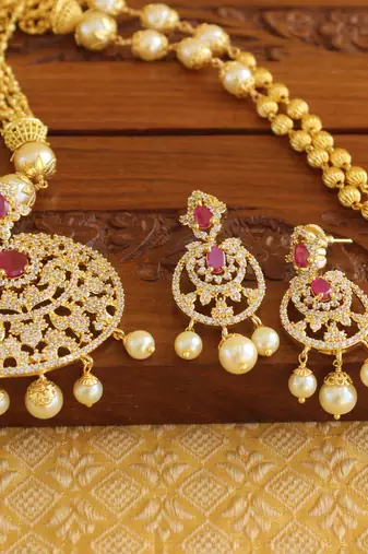 Gold platted ruby cz pearl necklace set