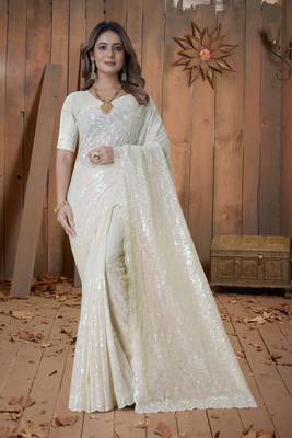 Light Yellow Sequin Embroidered Border Georgette Wedding Saree With Blouse Piece 1