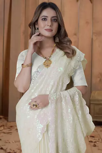 Light Yellow Sequin Embroidered Border Georgette Wedding Saree With Blouse Piece