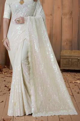 Light Yellow Sequin Embroidered Border Georgette Wedding Saree With Blouse Piece 4