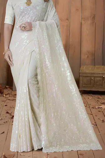 Light Yellow Sequin Embroidered Border Georgette Wedding Saree With Blouse Piece