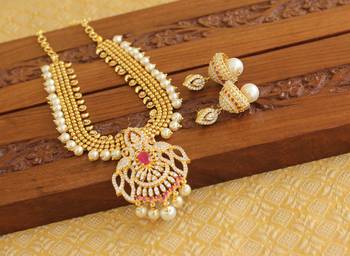 Gold platted ruby cz peacock pearl short necklace set 2