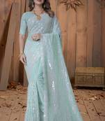 Sky Blue Sequin Embroidered Border Georgette Wedding Saree With Blouse Piece