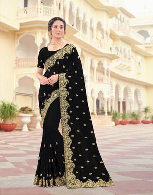 Black Zari Embroidered Border Two Tone Vichitra Silk Saree With Blouse Piece 1