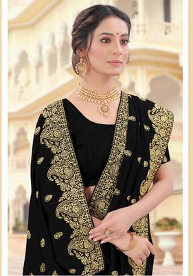 Black Zari Embroidered Border Two Tone Vichitra Silk Saree With Blouse Piece 2