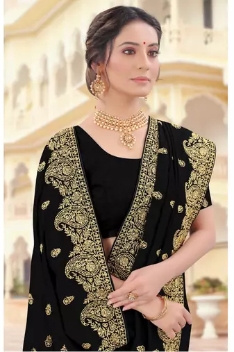 Black Zari Embroidered Border Two Tone Vichitra Silk Saree With Blouse Piece