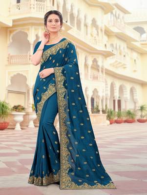Teal Blue Zari Embroidered Border Two Tone Vichitra Silk Saree With Blouse Piece 1