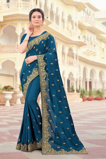 Teal Blue Zari Embroidered Border Two Tone Vichitra Silk Saree With Blouse Piece