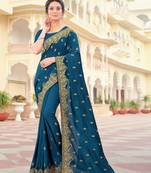 Teal Blue Zari Embroidered Border Two Tone Vichitra Silk Saree With Blouse Piece