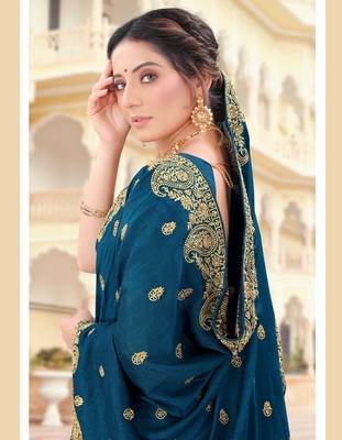 Teal Blue Zari Embroidered Border Two Tone Vichitra Silk Saree With Blouse Piece 2