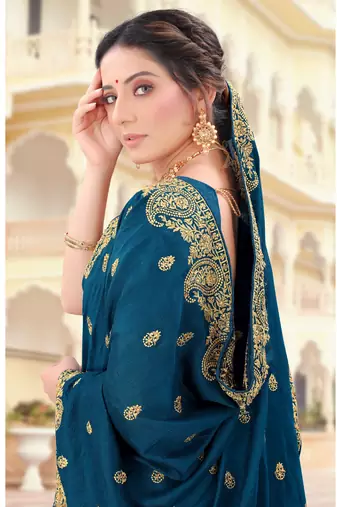 Teal Blue Zari Embroidered Border Two Tone Vichitra Silk Saree With Blouse Piece