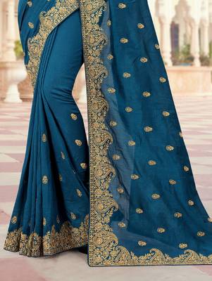 Teal Blue Zari Embroidered Border Two Tone Vichitra Silk Saree With Blouse Piece 3