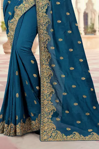 Teal Blue Zari Embroidered Border Two Tone Vichitra Silk Saree With Blouse Piece