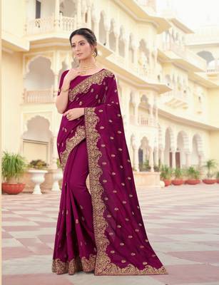 Purple Zari Embroidered Border Two Tone Vichitra Silk Saree With Blouse Piece 1