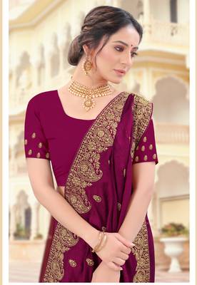Purple Zari Embroidered Border Two Tone Vichitra Silk Saree With Blouse Piece 2