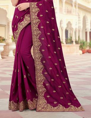 Purple Zari Embroidered Border Two Tone Vichitra Silk Saree With Blouse Piece 3