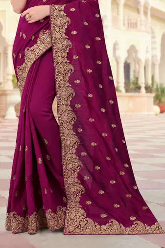 Purple Zari Embroidered Border Two Tone Vichitra Silk Saree With Blouse Piece