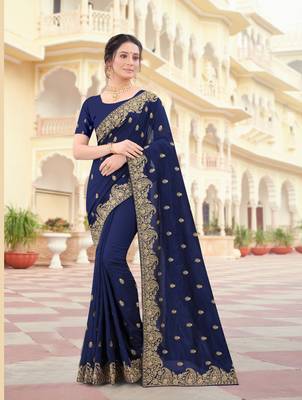 Navy Blue Zari Embroidered Border Two Tone Vichitra Silk Saree With Blouse Piece 1
