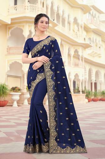 Navy Blue Zari Embroidered Border Two Tone Vichitra Silk Saree With Blouse Piece