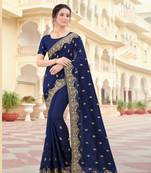 Navy Blue Zari Embroidered Border Two Tone Vichitra Silk Saree With Blouse Piece