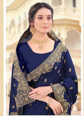 Navy Blue Zari Embroidered Border Two Tone Vichitra Silk Saree With Blouse Piece 2