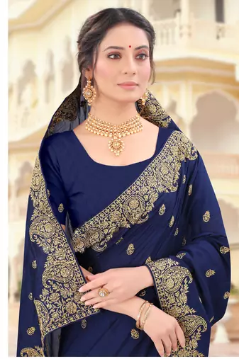 Navy Blue Zari Embroidered Border Two Tone Vichitra Silk Saree With Blouse Piece