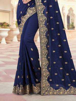 Navy Blue Zari Embroidered Border Two Tone Vichitra Silk Saree With Blouse Piece 3