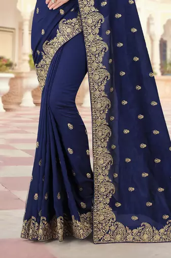 Navy Blue Zari Embroidered Border Two Tone Vichitra Silk Saree With Blouse Piece