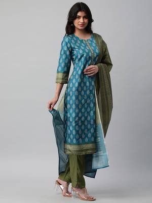 Unstitched blue satin with a digital printed dupatta & sentoon bottom. 1