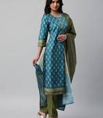 Unstitched blue satin with a digital printed dupatta & sentoon bottom.