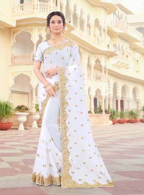 White Zari Embroidered Border Two Tone Vichitra Silk Saree With Blouse Piece 1