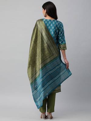 Unstitched blue satin with a digital printed dupatta & sentoon bottom. 2