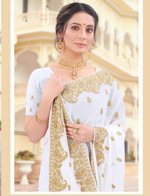 White Zari Embroidered Border Two Tone Vichitra Silk Saree With Blouse Piece 2