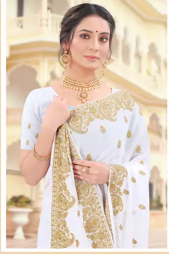 White Zari Embroidered Border Two Tone Vichitra Silk Saree With Blouse Piece