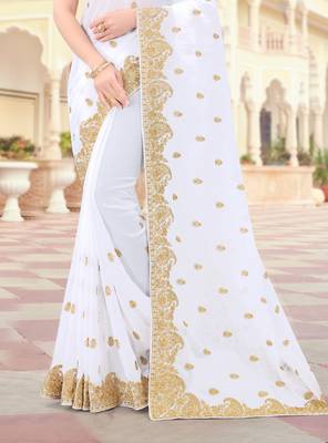 White Zari Embroidered Border Two Tone Vichitra Silk Saree With Blouse Piece 3