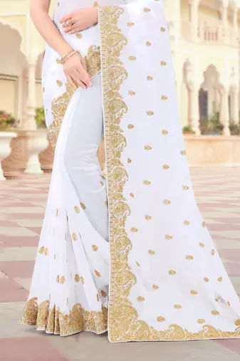 White Zari Embroidered Border Two Tone Vichitra Silk Saree With Blouse Piece