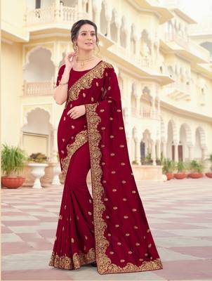 Maroon Zari Embroidered Border Two Tone Vichitra Silk Saree With Blouse Piece 1
