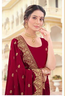 Maroon Zari Embroidered Border Two Tone Vichitra Silk Saree With Blouse Piece 2