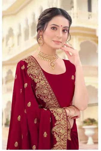 Maroon Zari Embroidered Border Two Tone Vichitra Silk Saree With Blouse Piece