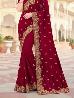 Maroon Zari Embroidered Border Two Tone Vichitra Silk Saree With Blouse Piece 3