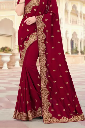 Maroon Zari Embroidered Border Two Tone Vichitra Silk Saree With Blouse Piece