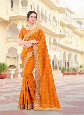 Mustard Zari Embroidered Border Two Tone Vichitra Silk Saree With Blouse Piece 1